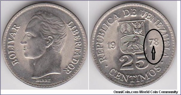 25 Centimos Mint Error Doubled Struck 8, Venesuela 1978 