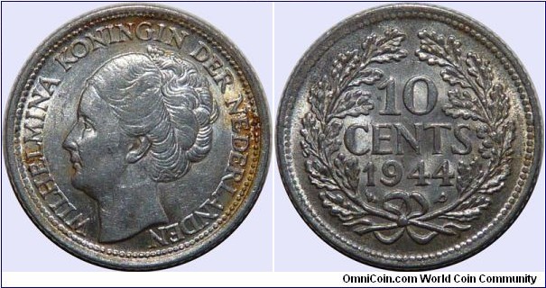 Netherlands 10 Cents 1944 P Acorn Privy Mark