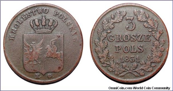 POLAND (REVOLUTION)~3 Grosze 1831. *Issued during the Polish insurrection against  Russia 1830-1831*