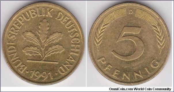 5 Phennig Doubled Die Obverse Germany 1991-D 