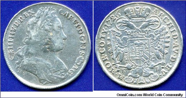 1/2 Thaler (Gulden).
Kingdom of Hungary.
Karl VI (1711-1740), King of Hungary & Emperor of Holy Roman Empire.
*KB* - Kremnitz mint.


Ag875f. 14,35gr.