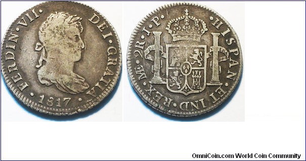 Lima, Peru 2 Reales 1817-JP . Ferdinand VII of Spain. Km-115.1. Weighs 6.76 grams. F ~ VF
