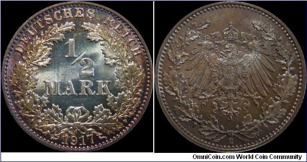 German Empire 0.5 Mark 1917-E - Toned