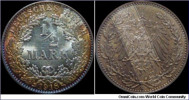 ~SOLD~ German Empire 0.5 Mark 1918-E - Toned