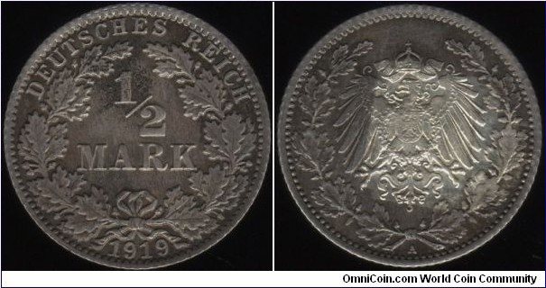 German Empire 0.5 Mark 1919-A - Dark Patina