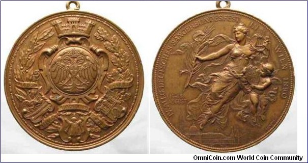  1890 Austria Habsberg Sangerbundersfest in Wien Medal by Anton Scharff & Schwertner. Bronze 60MM.
