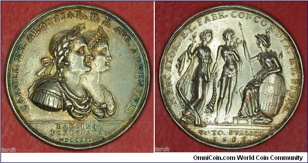 1802 Barcelona Catalan Visit of Carlos IV & maria Luisa Medal engraved by Augustin Sellent. Silver 46MM./46 gm.
Obv: Kings Bustos overlapping to right. In exergue:BARCINO FOTVNATA MDCCCII. Rev: Three figures, Minerva, representing Bravelona to right.
