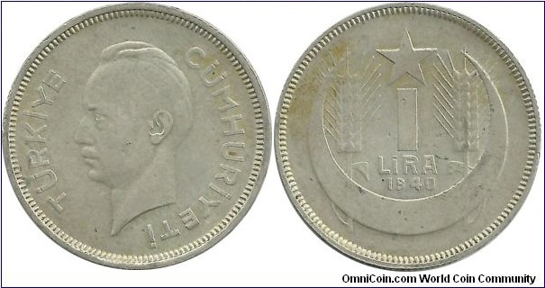 Türkiye 1 Lira 1940(.830 Ag)