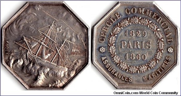 silver jeton de presence minted for Le Cercle Commercial, one of Frances maritime assurers at that time