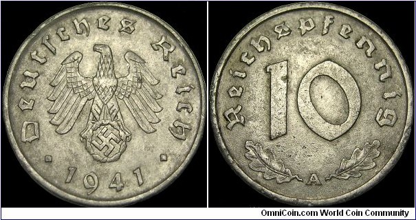 Germany - Third Reich - 10 Reichspfennig - 1941 - Weight 3,52 gr - Zinc - Size 21 mm - Thickness 1,5 mm - Alignment Medal (0°) - Ruler / Adolf Hitler (1934-45) - Mintmark 