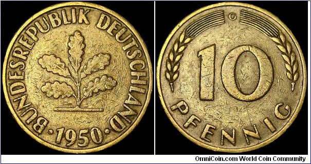 Germany - Federal Republic - 10 Pfennig - 1950 - Weight 4,0 gr - Brass plated steel - Size 21,5 mm - Thickness 1,7 mm - Alignment Medal (0°) - President / Theodor Heuss (1949-59) - Designer / Adolf Jäger - Mintmark 