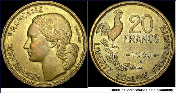 France - 20 Francs - 1950 - Weight 4,0 gr - Aluminium-Bronze - Size 23,5 mm - Thickness 1,66 mm - Alignment Coin (180°) - President / Vincent Auriol (1947-54) - Designer / Georges Guiraud - Cheif Engraver / Lucien Georges Bazor - Mintmark 