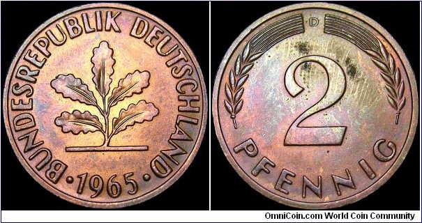 Germany - Federal Republic - 2 Pfennig - 1965 - Weight 3,25 gr - Bronze - Size 19,25 mm - Thickness 1,52 mm - Alignment Medal (0°) - President / Heinrich Lübke (1959-69) - Designer / Adolf Jäger - Mintmark 