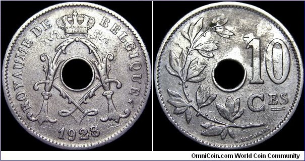 Belgium - 10 Centimes - 1928 - Weight 4,0 gr - Copper-Nickel - Size 22 mm - Thickness 1,42 mm - Alignment Coin (180°) - Ruler / Albert I (1909-34) - Engraver / A.Michaux - Shape / Round with a hole - Edge : Smooth - Mintage 6 895 000 - Reference KM# 85.1 (1911-29)