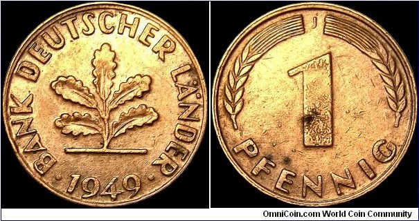 Germany - Federal Republic - 1 Pfennig - 1949 - Weight 2,0 gr - Bronze clad steel - Size 16,5 mm - Thickness 1,38 mm - Alignments Medal (0°) - Presiden / Theodor Heuss (1949-59) - Designer / Adolf Jäger - Mintmark 