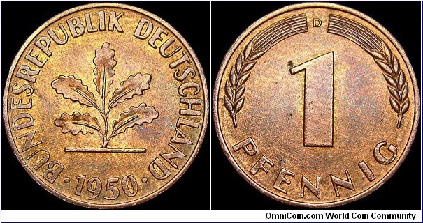 Germany - Federal Republic - 1 Pfennig - 1950 - Weight 2,0 gr - Copper plated steel - Size 16,5 mm - Thickness 1,38 mm - Alignment Medal (0°) - President / Theodor Heuss (1949-59) - Designer / Adolf Jäger - Mintmark 