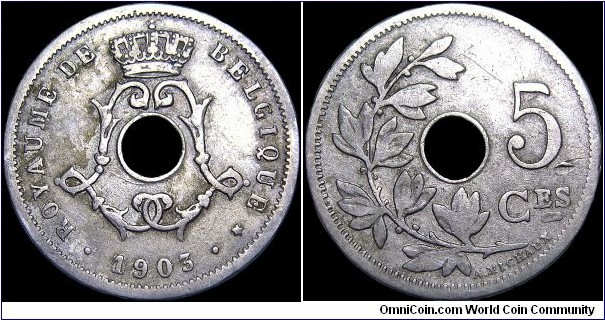 Belgium - 5 Centimes - 1903 - Weight 2,5 gr - Copper-Nickel - Size 19 mm - Alignment Coin (180°) - Ruler / Leopold II (1865-1909) - Engraver / A. Michaux - Shape / Round with a hole - Edge : Smooth - Mintage 864 000 - Reference KM# 46 (1901-03)