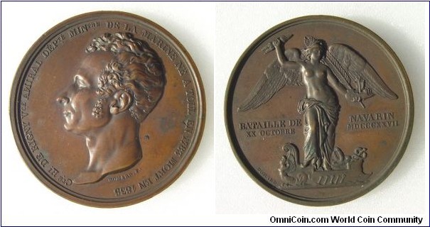 1827 France Charles X, Vice-Admiral de Rigny Battle of Navarino by Domard F. Bronze 51MM. 
Obv: Bust left of Count Henri de Rigny, below signuture domard F. Rev: BATAILLE DE NAVARIN/XX OCTOBRE DMCCCXXVII, winged Victory holding thunder-bolt, galley and palm branch, stands on prow of ancient galley, signuture DOMARD