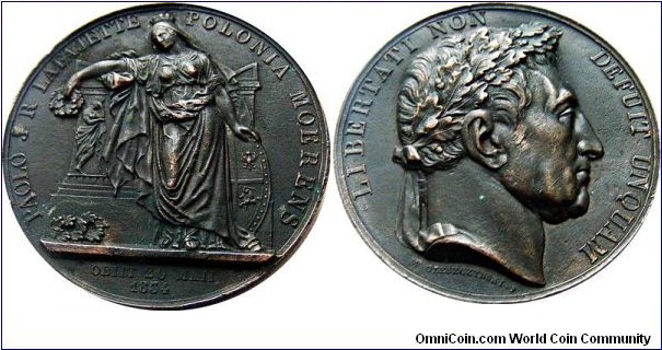 Medal-Medal dedykowany pośmiertnie Marie Josephowi La Fayette, uczestnikowi wojny o niepodległość Stanów Zjednoczonych, autorstwa Władysława Oleszczyńskiego, wybity w 1834