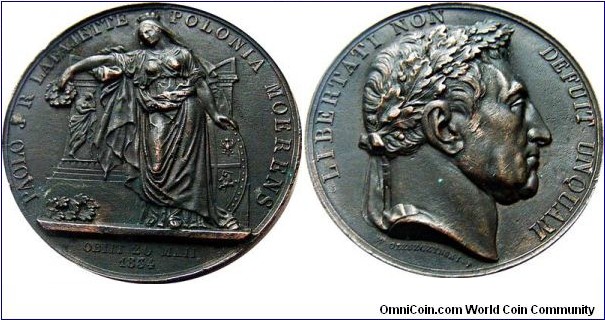 Medal-Medal dedykowany pośmiertnie Marie Josephowi La Fayette, uczestnikowi wojny o niepodległość Stanów Zjednoczonych, autorstwa Władysława Oleszczyńskiego, wybity w 1834