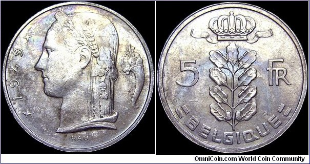 Belgium - 5 Francs - 1949 - Weight 6,0 gr - Copper-Nickel - Size 24 mm - Thickness 1,78 mm - Alignment Coin (180°) - Ruler / Leopold III (1934-51) - Engraver / Marcel Rau - Edge : Reeded - Mintage 38 752 000 - Reference KM# 134.1 (1948-81)