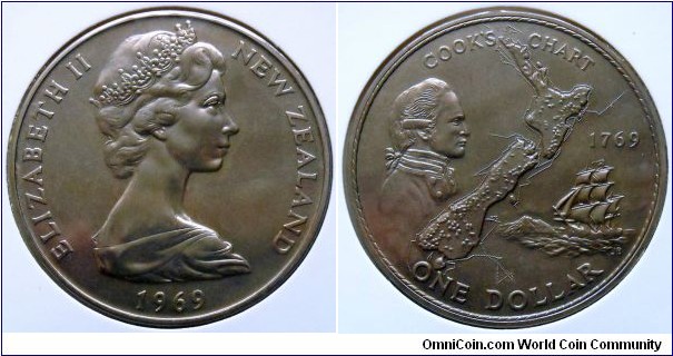New Zealand 1 dollar.
1969, 200th Anniversary of Captain Cook's Voyage.