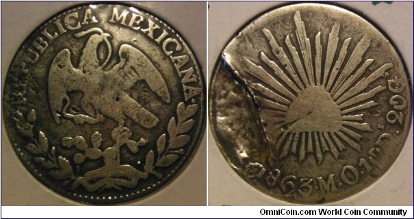 2 reales, Zacatecas mint.  M.O. Assayer.  Delamination error.