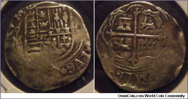 Undated 1 Real cob of Phillip II, Spain.  Minted at Mexico City between 1556-98.  Assayer  O.