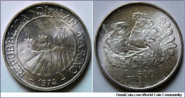 San Marino 500 lire.
1974, Ag 835.