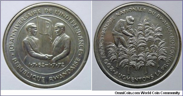 Rwanda 200 francs.
1972, 10th Anniversary of Independence / F.A.O. Ag 800.