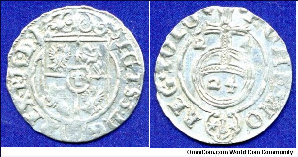 Poltorak (1/24 Thaler, 3 haifgrosh).
Rechpospolita.
Sigismund III (1587-1632), Vasa.
Nicolai Danilowich 1616-1624.
Bidgosh mint.


Ag375f. 1,2gr.