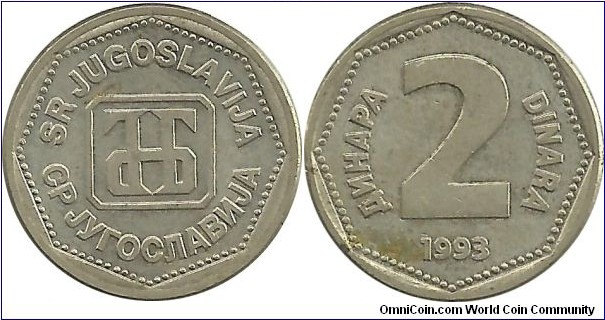 Yugoslavia 2 Dinara 1993