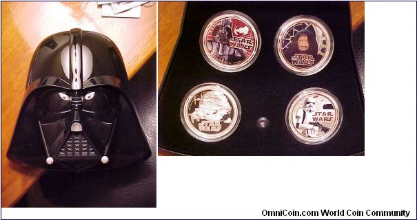 My new set of Dark Side Star Wars coins!  Each contains 1 ounce of pure silver in a case shaped like Darth Vader, so much fun!