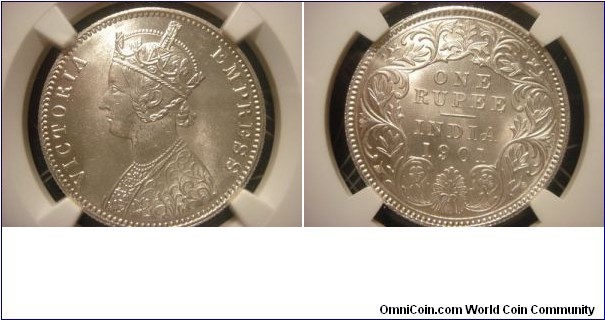 1901 British Victoria Empress India Bombay 1-Rupee Silver 31MM. NGC MS64
Obv: Victoria Empress Crowned bust left. Rev. Denomination within wreath
