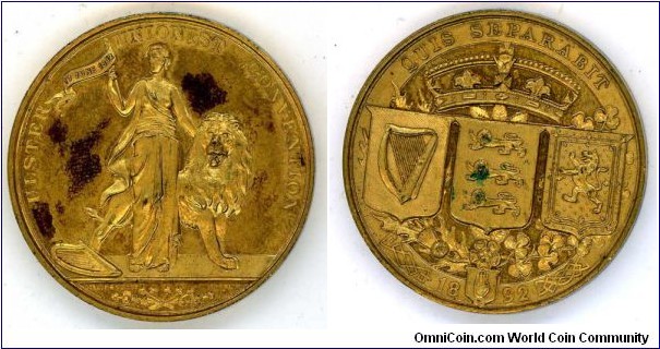 1892 Britian Ireland Ulster Unionist Convention Medal strunk by Gibson, Belfast. Gilded Bronze: 37MM 
