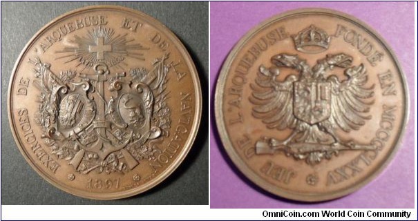 1897 Swiss Geneve Exercices de L'arquebuse et de la Navigation Medal by Hugues Bovy. Bronze 51MM 
