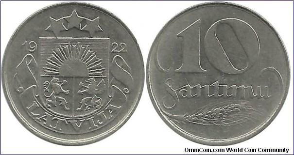 Latvija 10 Santimu 1922