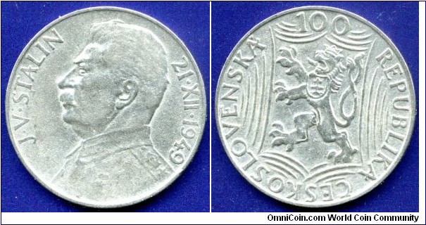 100 Korun.
ND - 1949.
Czechoslovakia.
70th Birthday - Josef V. Stalin.
Mintage 1,000,000 units.


Ag500f. 14,0gr.