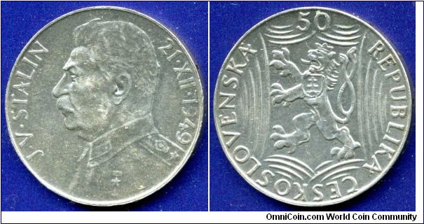 50 Korun.
ND - 1949.
Czechoslovakia.
70th Birthday - Josef V. Stalin.
Mintage 1,000,000 units.


Ag500f. 10,0gr.