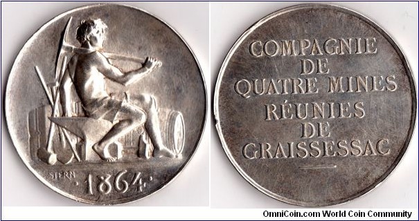 Scarce (500 struck) silver jeton de presence struck in 1891 to commemorate the re-opening of the mines at Graissessac, in Languedoc, France.