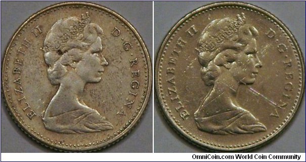 Silver to Nickel in same year.  Two images of 10 cent piece from 1968, one of 50% Silver, the other of Nickel.
Found the silver coin in change.