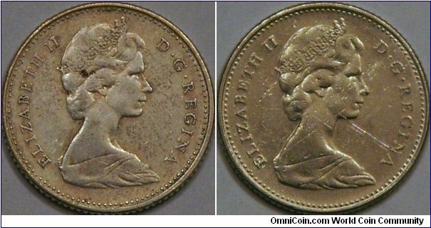 Silver to Nickel in same year.  Two images of 10 cent piece from 1968, one of 50% Silver, the other of Nickel.
Found the silver coin in change.