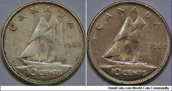 Silver to Nickel in same year, part 2.  Images of  reverse of 10 cent pieces from 1968, one of 50% Silver, the other of Nickel.  Aside from the slight, but noticeable difference in color, the nickel one is magnetic.