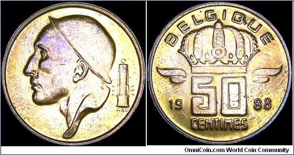 Belgium - 50 Centimes - 1988 - Weight 2,75 gr - Bronze - Size 19 mm - Thickness 1,21 mm - Alignment Coin (180°) - Ruler / Baudouin I (1951-93) - Designer / Marcel Rau - Mint / Brussels,Belgium - Note : Legend in French - 