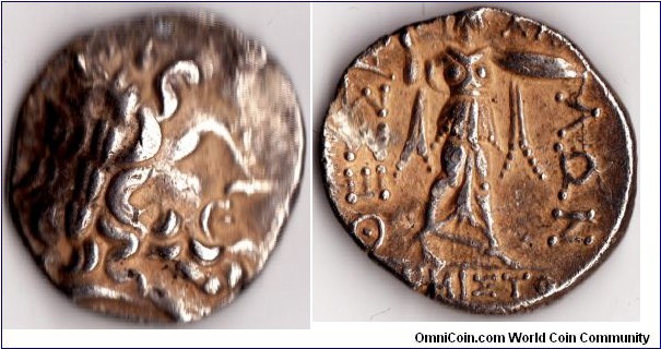 Double Victoriatus of the Thessalian League minted circa 196 -146 bc. Obverse Zeus. Reverse Athena advancing to right with Spear and shield between legend `Thessa' + `Loi'. Below is the name of one of the magistrates at the time