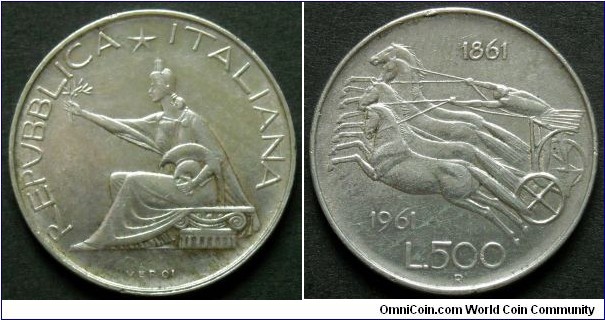 Italy 500 lire.
1961, Italian Unification Centennial. Ag 835.
Weight; 11g.
Diameter; 29,3mm.
Mintage: 27.120.000 units.