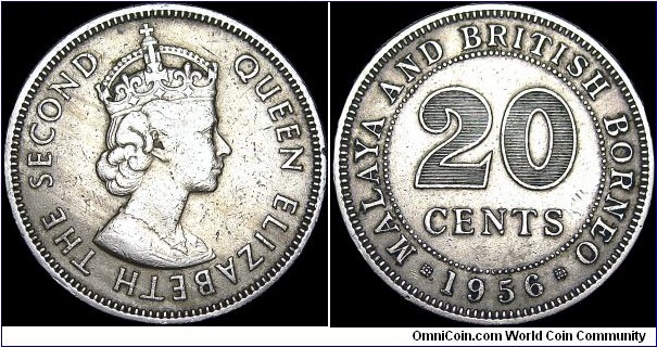 Malaya and British Borneo - 20 Cents - 1956 - Weight 5,68 gr - Copper-Nickel - Size 23,51 mm - Alignment Medal (0°) -Ruler / Queen Elizabeth II (1952-) - Engraver Obverse / Cecil Thomas - Edge : Reeded - Mintage 5 000 000 - Reference KM# 3 (1954-61)