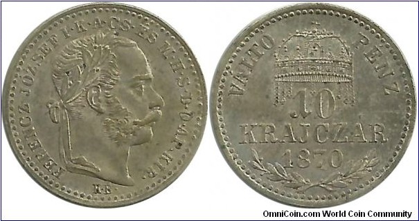 AustroHungaryEmp 10 Krajczar 1870KB-for Hungary