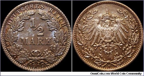 German Empire 0.5 Mark 1919-A - Toned