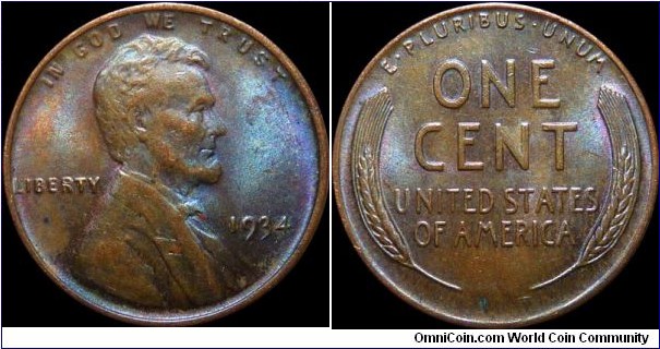 USA 1 Cent 1934 - Toned